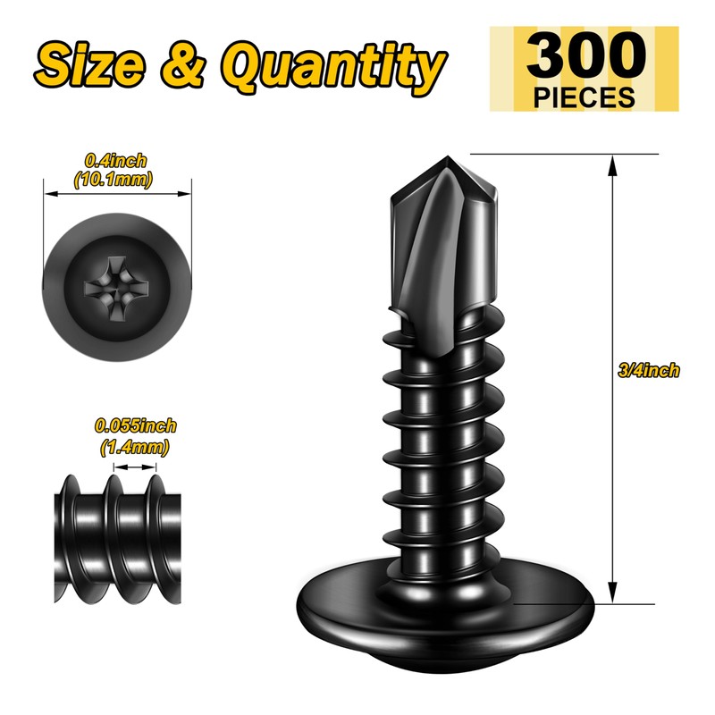 Mywish (300Pcs) #8×3/4" Black Self Tapping Screws for Metal, 410