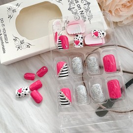 24Pcs Valentine's Day Press on Nails Short Square French Tip Fake Nails Pink Heart False Nails with Glitter Rhinestones Design Silver Stick on Nails White Glossy Nail Supplies for Women DIY Nails Art