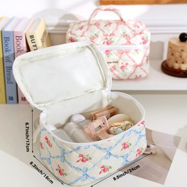 Makeup Bag Travel Toiletry Organizer,Large Quilted Cosmetic Bag for Women Make-up Bags Portable Cosmetic Brush Pouch Handle Zipper Storage Case,Bowknot Blue