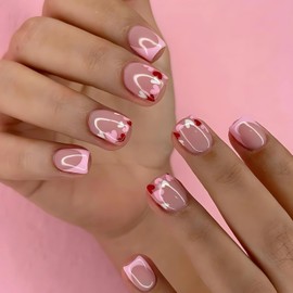 Pink French Tip Press on Nails Short Heart Designs Valentines Fake Nails Glossy Pink Red Small Heart Glue on Nails Square Shape Valentine Press on Nails Short Stick on Nails for Women Girls