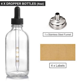 4 Pack 4oz Glass Dropper Bottles with Measured Dropper - 120ml Dark Clear Tincture Bottles with Graduated Calibrated Glass Eye Droppers (1ml) for Essential Oils, Liquids - Leakproof Travel Bottles