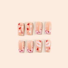 SINHOT Valentines Day Press on Nails Medium Square Fake Nails Glossy Glue on Nails Red Love Heart Acrylic Nails White Lips Squoval Artificial Nails Pink French Tip False Nails with Design 24 pcs