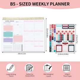 Weekly Planner To Do List Pad, Undated Weekly Planner Notebook 52 Tear off Sheets─To Do List Notebook for Study Work, Includes 4 Sheets of Stickers, 22 X 28 cm-Pink-1 Year of Use