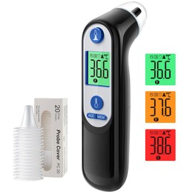 Ear Thermometer for Baby Adults, Ear Fever Thermometer with Age Measurement and Colour-Coded Temperature Display, Digital Infrared Thermometer with 21 x Disposable Protective Caps