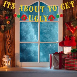 It's About To Get Ugly Banner, Glittery Red Green Christmas Party Decorations Banners Winter Holiday Garland Photo Props Banner for Party Home Office Decorations