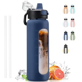 Kodrine Water Bottle With Straw and Carry Handle, Glass Water Bottle 24 oz Leak Proof Locking Lid with Soft Silicone Spout, Small Clear Water Bottle, Travel Sports Water Jug, Time Marker, Navy Blue