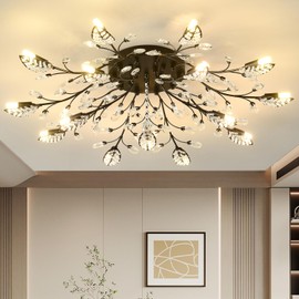 Vintage Small Crystal Chandelier Modern Semi Flush Mount Ceiling Light Fixture Black Leaves Chandeliers Lighting for Bedroom Living Room Dining Room Kitchen Hallway Foyer (Black, 15-Heads)