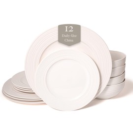 Square House New Bone China 12 Piece Dinnerware Set, Santorini Collection (Wave), White, Daily Use China, Embossed Tableware Service for 4