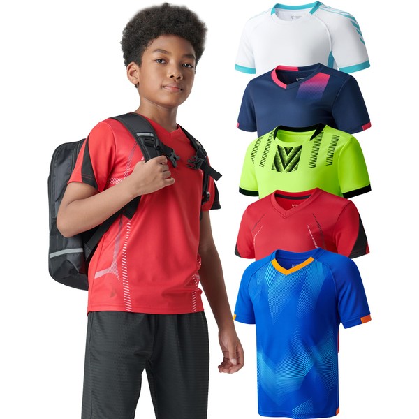 5 Pack Boys Athletic Shirts, Youth Activewear Dry Fit Tshirts for Kids, Short Sleeve Tees, Bulk Athletic Performance Clothing (Set 4, Large)
