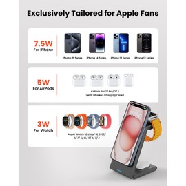 GEEKERA 3 in 1 Wireless Charging Station for Magsafe, Foldable Magnetic Wireless Charger Stand for Multiple Devices, Wireless Charger for iPhone 17 16-12 Series, Apple Watch 11-2, AirPods 4/3/2/Pro