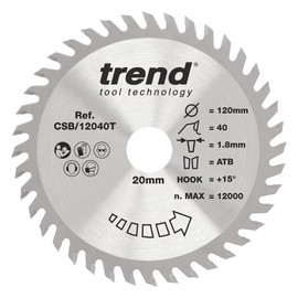 Trend CSB/12040T CSB/12040T Cordless Wood Circular Saw Blade 120mm Diameter 20mm Bore 40T TCT 1.8mm Kerf +15° Hook CSB/12040T