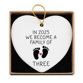 New Mom Dad Gifts Ceramic Ornament Keepsake Sign Heart Plaque in 2025 We Become a Family of Three Pregnancy Announcement Gifts for New Parents Baby Reveal Ideas Christmas Ornament