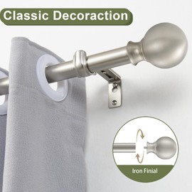 Window Curtain Rods 28 to 48 Inches, 1 Inch Diameter Adjustable Drapery Rod, Decorative Heavy Duty Curtains Rod with Fancy Round Finials for Living Room, Bedroom, Patio, Brushed Nickel