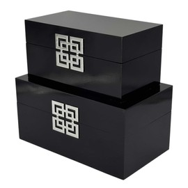 Galt International Storage Box Set Decorative Storage Box w/Hinged Lid Classic Design Wood Decor Boxes with Geometric Clasp Storage for Bedroom & Home - Set of 2 (Black & Silver)