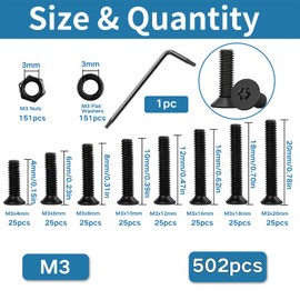 Zmbroll M3 フラット皿頭トルクスドライブマシン ネジ 502個 ブラック グレード 10.9 合金鋼 M3x4/6/8/10/12/16/18/20mm スタードライブ全ねじファスナー ナットワッシャー レンチ付き