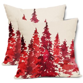 Watercolor Red Tree Pillow Covers 16X16 Inch Set of 2 Nature Themed Christmas Decorative Pillow Cases Rustic Forest Cotton Linen Pillowcase Home Decor for Living Room Couch Sofa Porch Outdoor