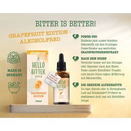 HelloBitter® Grapefruit alkoholfrei - Bittertropfen mit hochwertigem Grapefruitkern & ohne Alkohol - Bitterkräuter - vegan, laborgeprüft, hochdosiert, flüssige Bitterstoffe