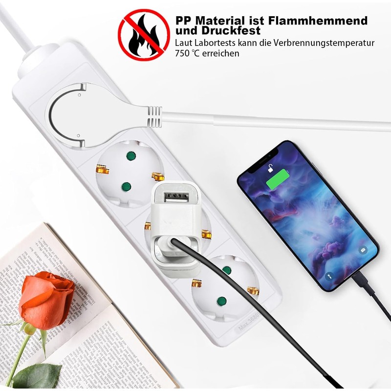 EXTRASTAR 4-Way Power Strip, Flat Plug Multiple Socket with 3