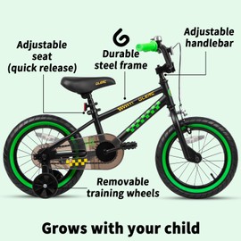 Glerc NuNu Kids Bike, 14 Inch Boys Bike for 3-5 Years Old Children, BMX Style Kids Bicycle with Training Wheels & Coaster Brake, Black and Green