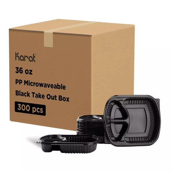 Karat 36oz PP Plastic Microwaveable Black Take Out Box, 3-compartments