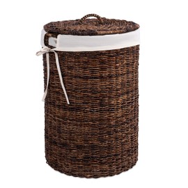 BIRDROCK HOME Abaca Laundry Hamper with Liner - Round Clothes Bin with Lid - Organize Laundry - Cut-Out Handles for Easy Transport - Includes Machine Washable Canvas Liner (Espresso)