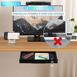 14" Under Desk Mounted Sliding Pull-out Drawer Organizer for Office - Lockable, Sit Stand Workstation, Black