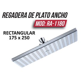 Regadera Rectangular 17.5 x 25 cm de Plato Ancho. Funciona con Baja, Mediana y Alta Presión. Sensación de Lluvia. Cromada y Resistente. Marca: Múnich. Modelo: RA-1180
