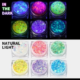 Teenitor 6 colores que brillan en la oscuridad, gel con purpurina, gel con purpurina facial, purpurina corporal, purpurina para el cabello para carnaval, maquillaje, fiestas con luz UV y luz negra