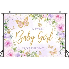Wollmix Butterfly Baby Shower Decoration for Girl Backdrop 7x5ft A Sweet Baby Girl is on The Way Purple Florals Flowers Photography Background Gold Dots Princess Banner Photo Booth Supplies Props
