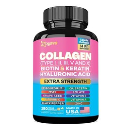 Zoyava Collagen Supplement - Type I, II, III, V and X - with Biotin, Keratin, Hyaluronic Acid & 13+ Extra Strength Ingredients for Beauty, Fitness, & Healthcare - 90 Capsules - MADE IN USA:_180 Count (2 Months Supply)