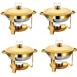 Chafing Dishes Buffet Food Warmer - Parties Servers Trays Catering Dish Warming Display Set - Chafers Keep Warm Serving Tray Round Heating Kit with Burners 4 Set Gold
