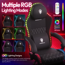 Dowinx Gaming Chair with RGB Lights, LED Gaming Chair with Footrest for Adults, Ergonomic Gaming Chair with Massage Lumbar Support, Video Game Chair Fabric Black