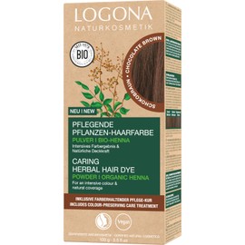 LOGONA Naturkosmetik Pflegende pflanzliche Haarfarbe, Veganes Haarfarbe-Pulver mit Bio-Henna für intensive Farbe und Glanz, Pflanzenhaarfarbe in Schokobraun (Braun), 1 x 100g