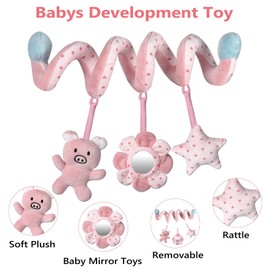 Car Seat Toys, Infant Baby Pink Pig Spiral Activity Hanging Toys Stroller Toys for Car Seat Stroller Bar Crib Bassinet Mobile with Mirror BB Squeaker and Rattles