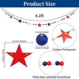 4.2 FT Patriotic Wooden Beads Garland with Star-Shaped Charms, Red White Blue American Flag Colors Beaded Decor, Rustic Farmhouse Banner for 4th of July Decorations, Shelf Display, Fireplace, Wall