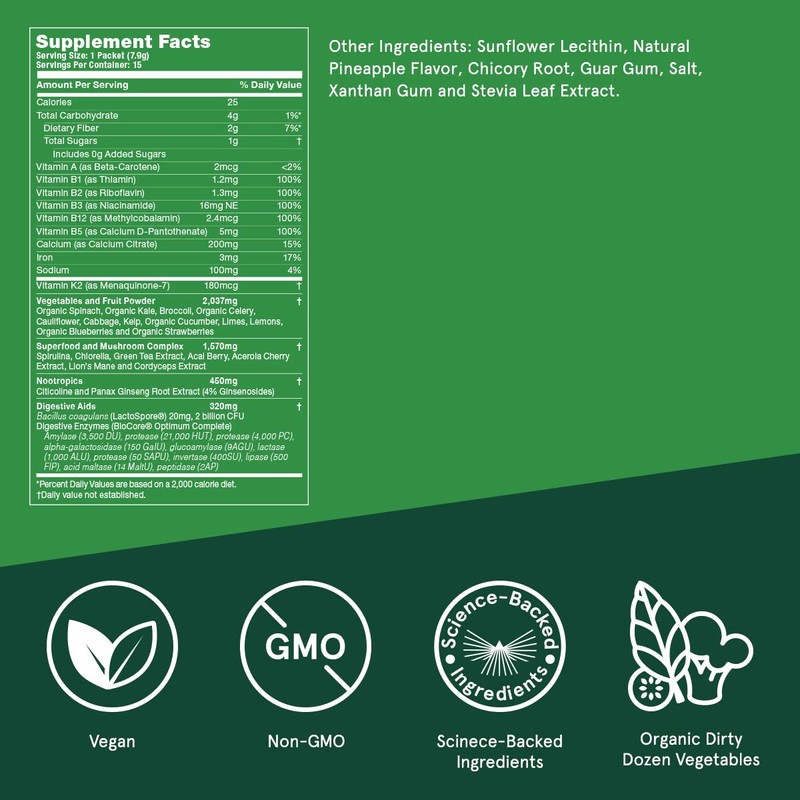 Bulletproof Greens Packets, 15 Count, Daily Greens Powder with Superfoods