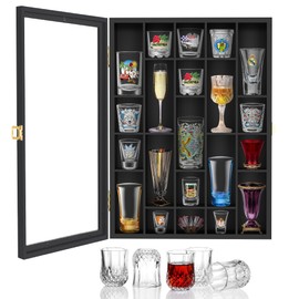 Black Shot Glass Display Case Wall Mounted, Irregular Shot Glass Holder with Door, Shot Glass Storage for Home and Bar Decor