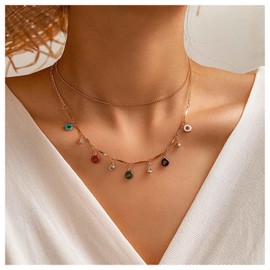 Inilbran Boho Layered Crystal Choker Necklace Vintage Rainbow Circle Dangle Necklace Gold Colorful CZ Circle Necklace Multilayered Crystal Chain Necklace Jewelry for Women and Girls