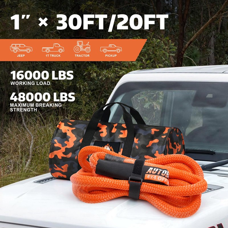AUTOBOTS Kinetic Recovery Rope 1" x 30'(48,000lbs) Heavy Duty Kinetic
