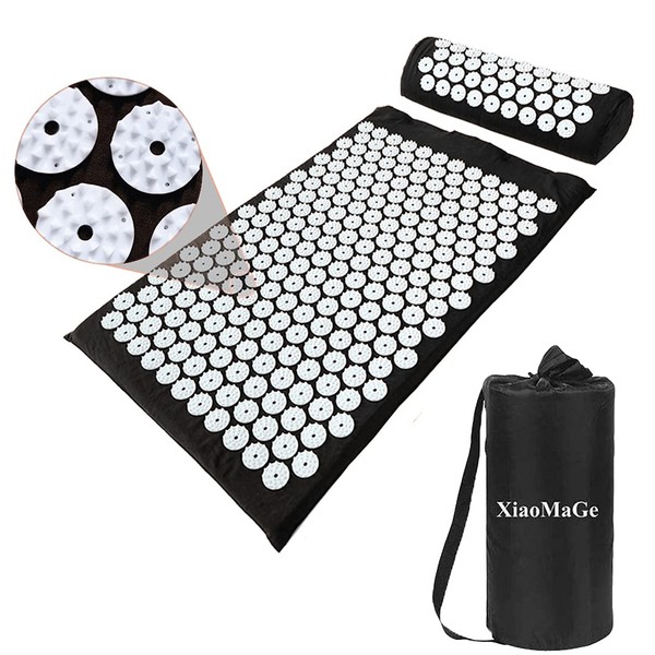 Acupressure Mat and Pillow Set with Bag - Large Size 28.7 X 16.5 inch Acupuncture Mat for Neck & Back Pain, Muscle Relaxation Stress Relief, Sciatica Pain Relief Pillow (Black)