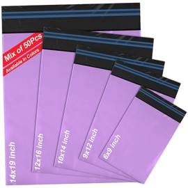iSOUL 50 Mixed Mailing Poly Postal Self Seal Bags 5 Sizes 10 from Each Postage Packaging Assorted Mailers Purple