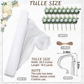 Riceshoot 34 Pcs Church Pew Wedding Decorations White Fabric Tulle Silk Flower Pew Clips Rose Eucalyptus Wedding Aisle Decor for Church Ceremony Banquet Reception