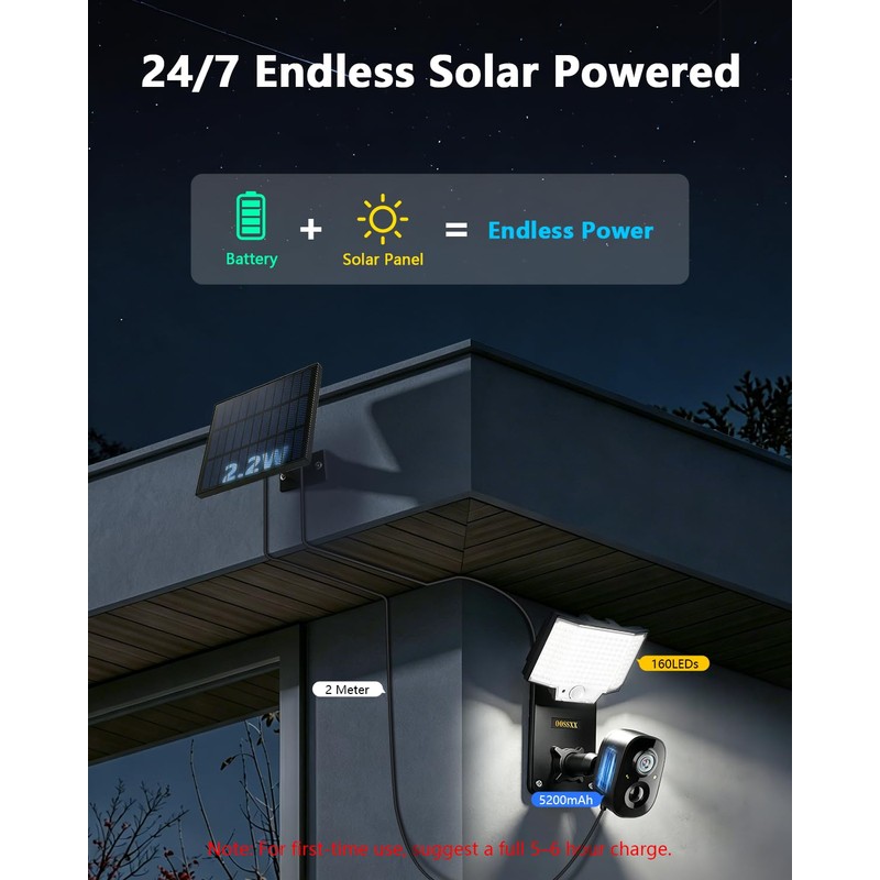 Solar Security Camera with Bracket & Spotlight, Smart Lighting Modes,