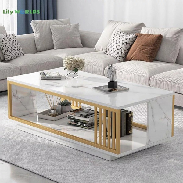 Unbranded Modern White GOLD Coffee Table High Gloss Marble Veneer