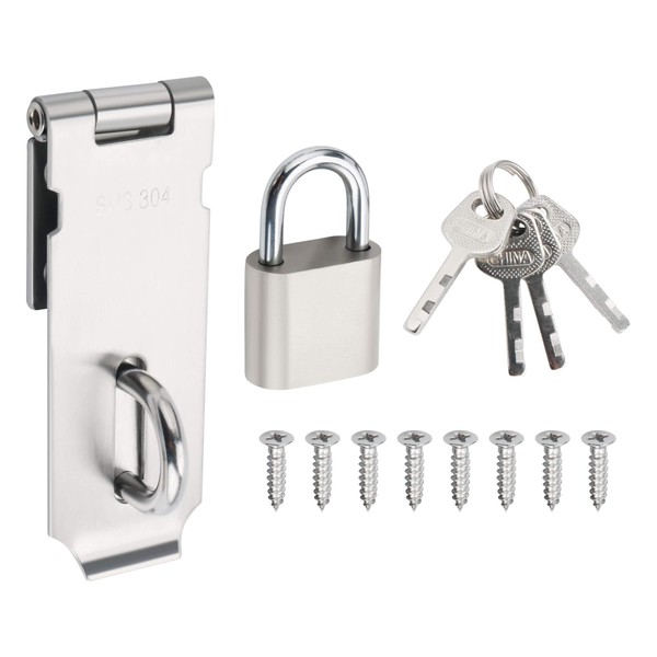 Alise Hasp Lock with Padlock,Door Hinge Lock Padlock,Clasp Hasp Latch Hinges Lock for Doors,4 Inch SUS 304 Stainless Steel Chest Latches Set,Brushed Finish,MST009-LS