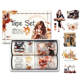 AVECMOI Coffee PET Washi Tape Set, 250 Pieces Die Cut Coffee and Floral Stickers for Junk Journaling, Scrapbooking, Card Making, Envelope, 4 Rolls