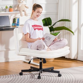 COMHOMA Criss Cross Chair with Wheels, Armless Wide Cross Legged Office Chair Mid Back, Modern Home Office Desk Chair Swivel Adjustable Vanity Computer Chair, White Beige Velvet