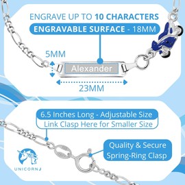 UNICORNJ Sterling Silver 925 Engravable ID Bracelet Figaro Chain for Girls Boys Motorcycle with Blue Enamel 6.5" - Engraved