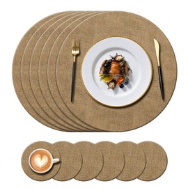 KERYCHIN 6 Round Leather Placemats(34cm) + 6 Coasters(10cm) Set, Heat-Resistant 212 °F PU Place mats, Non-Slip and Washable, Table Mats for Home, Hotel, Dining Table, Indoor, Outdoor, (Beige)