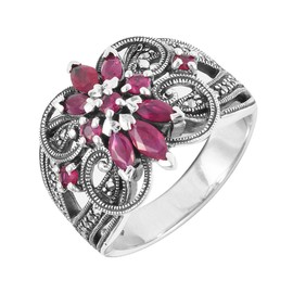 Esse Marcasite Sterling Silver Vintage Floral Red Ruby Statement Ring - Size P